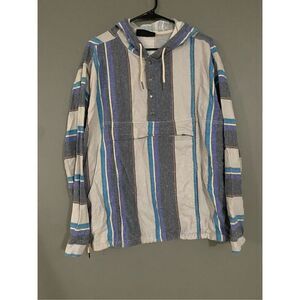 No Boundaries Striped Vintage Hooded Pullover Quarter Button Down Size L